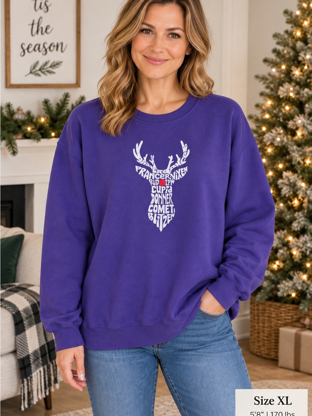 LA Pop Art Women’s Word Art Sweatshirt - Santa's Reindeers Purple Sz XL NWT